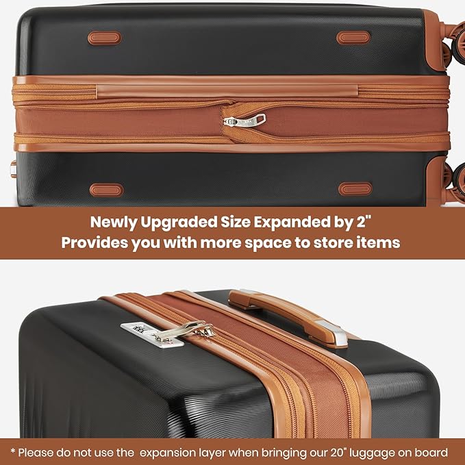 Kono Luggage Sets 3 Piece Expandable Carry On Travel Luggage 20 Inch TSA Lock Spinner Wheels Hardshell Suitcase Set(Black&Brown,3 Piece Set)
