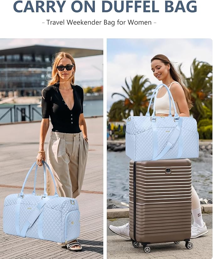 Women Weekender Travel Duffle Bag: Travel Duffel Overnight Bags with Shoe Compartment Large Carry on Tote with Toiletry Bag Weekend Traveling Yoga Gym Hospital Bag for Women with Wet Pocket Light Blue