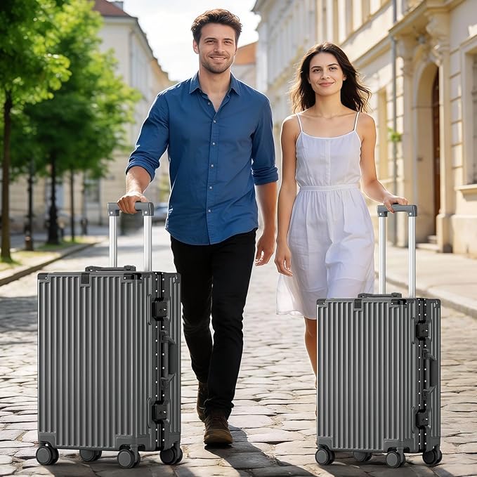 Zipperless Suitcase, 28 Inch Checked Luggage, Hardshell Aluminum Frame Polycarbonate Luggage with Phone Holder, Cup Holder, Charging Port, TSA Lock, Spinner Wheels for Vacations, Grey