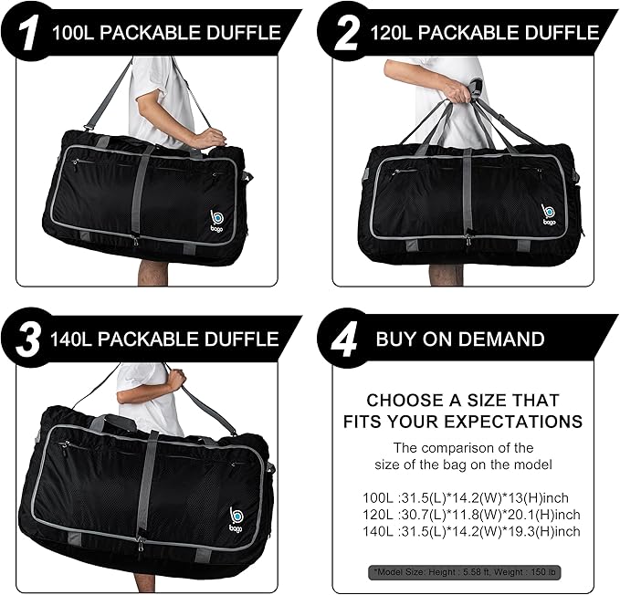 Bago Extra Large Duffle Bag for Travel Women & Men. Durable, Lightweight, Foldable Travel Duffel Bags For Traveling Women. 140L Duffle Bags Use As a Weekender Bag with Shoe Compartment, Checked Duffel