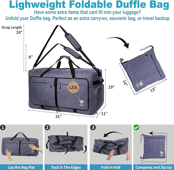 Bago Extra Large Duffle Bag for Travel Women & Men. Durable, Lightweight, Foldable Travel Duffel Bags For Traveling Women. 120L Duffle Bags Use As a Weekender Bag with Shoe Compartment, Checked Duffel