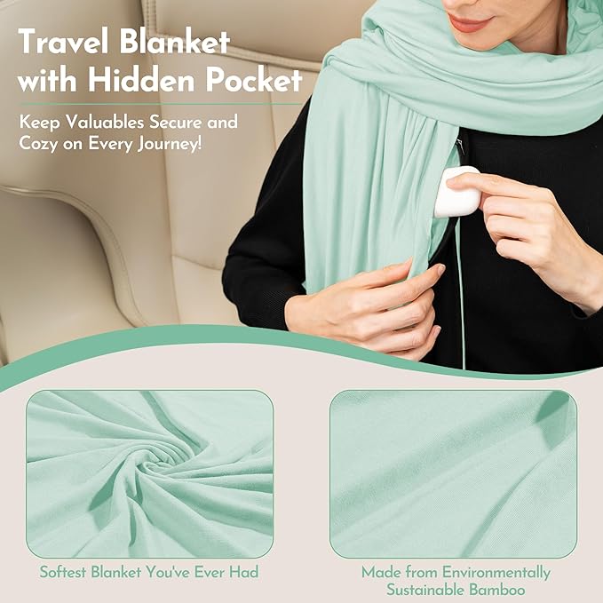 16-in-1 Compact Travel Blanket with Bag – Reversible, Ultra Soft Bamboo Airplane Blanket with Hidden Pocket – Packable for Flights & Travel Essentials (Semi-Weighted, Double Layer)