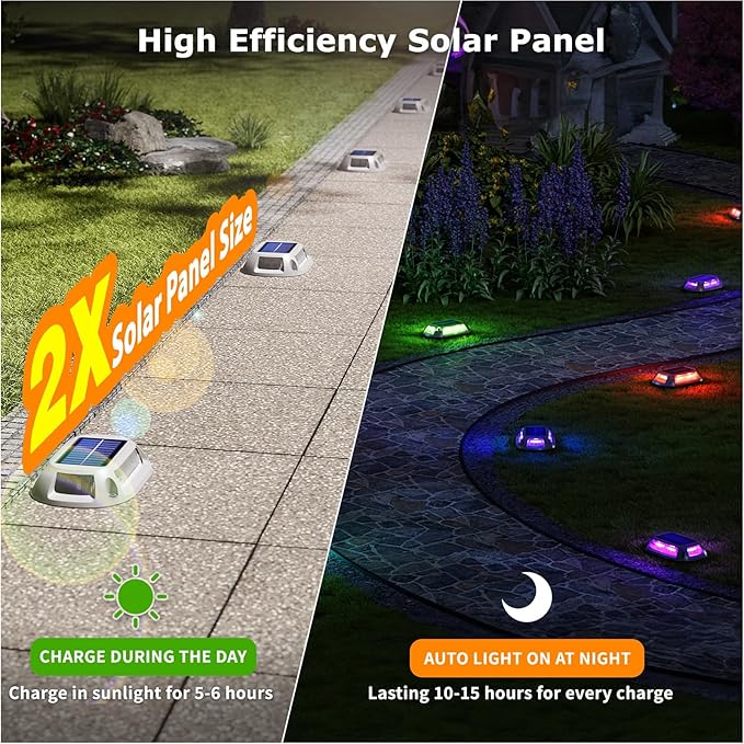 VIODAIM Aluminum Alloy Solar Dock Lights, IP68 Solar Driveway Lights, 8Pack | 12Modes - Strobe/RGB/Fix-color | Solar Deck Light, Marine Dock Lights Outdoor Waterproof, Multi-color Solar Pathway Lights