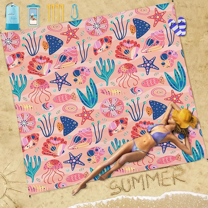Beach Blanket Sandproof Waterproof 78''×81''1-5 Adults Oversized,Compact Lightweight Durable Beach Mat for Travel Camping Hiking Picnic Blanket