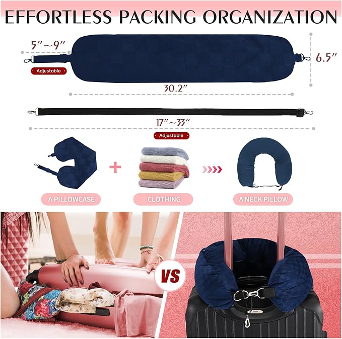 Stuffable Travel Pillow, Stuffable Neck Pillow for Travel, Neck Pillow Stuffed with Clothes Storage - No Extra Baggage Fees, Fits 5+ Days of Travel Essentials, No Filler (Blue-Checkerboard)
