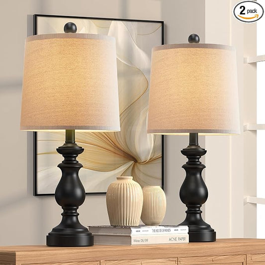 Traditional Table Lamp Set of 2, Rustic Farmhouse Table Lamps for Living Room Bedroom, 22" Bedside Desk Lamps Vintage Nightstand Lamps with Linen Shades, Black