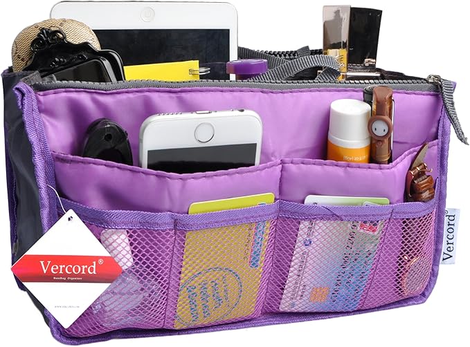 Vercord Purse Organizer Insert for Handbags Bag Organizers Inside Tote Pocketbook Women Nurse Nylon 13 Pockets Purple Large
