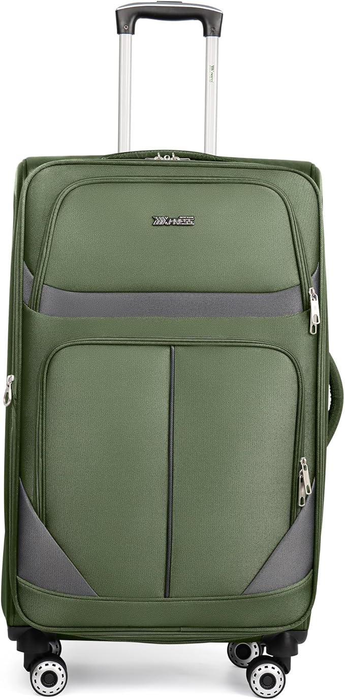 28" Large Softside Expandable 15% Checked Luggage with Double Spinner Wheels LOCK,Lightweight Travel Suitcase for Men/Women（Green-Grey,28in）