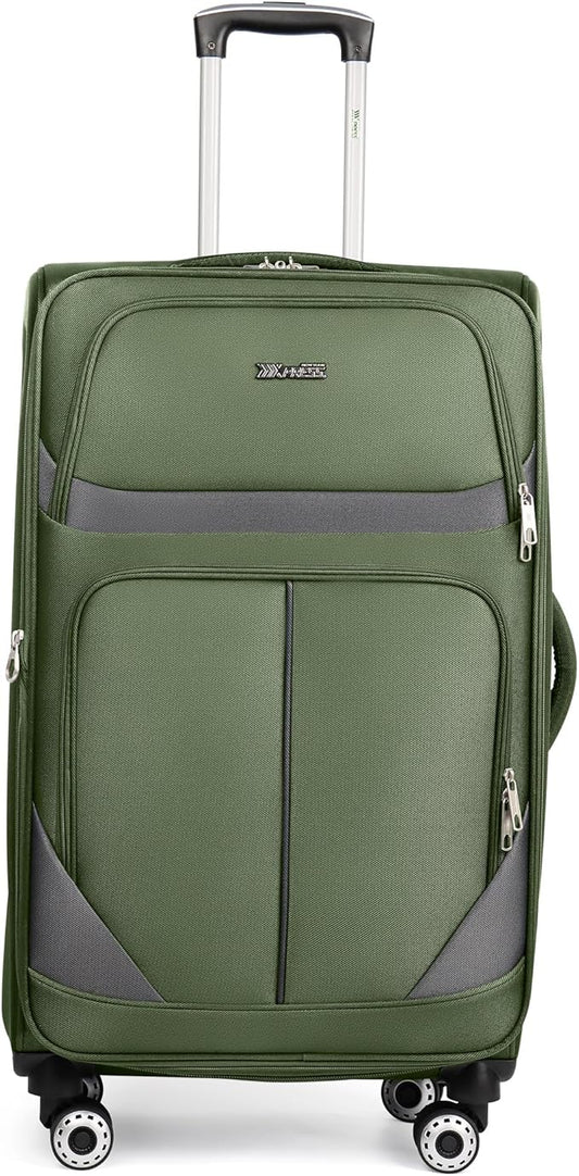 28" Large Softside Expandable 15% Checked Luggage with Double Spinner Wheels LOCK,Lightweight Travel Suitcase for Men/Women（Green-Grey,28in）