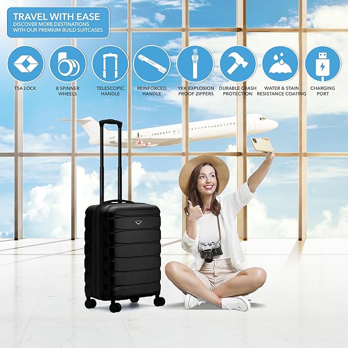 Flight Knight 24x16x10 Expandable Carry On Suitcase Hardside TSA Lock USB C Lightweight Luggage Silent Double Spinner Wheels Maximum Overhead Carry-On Bag For Virgin South West Approved Black