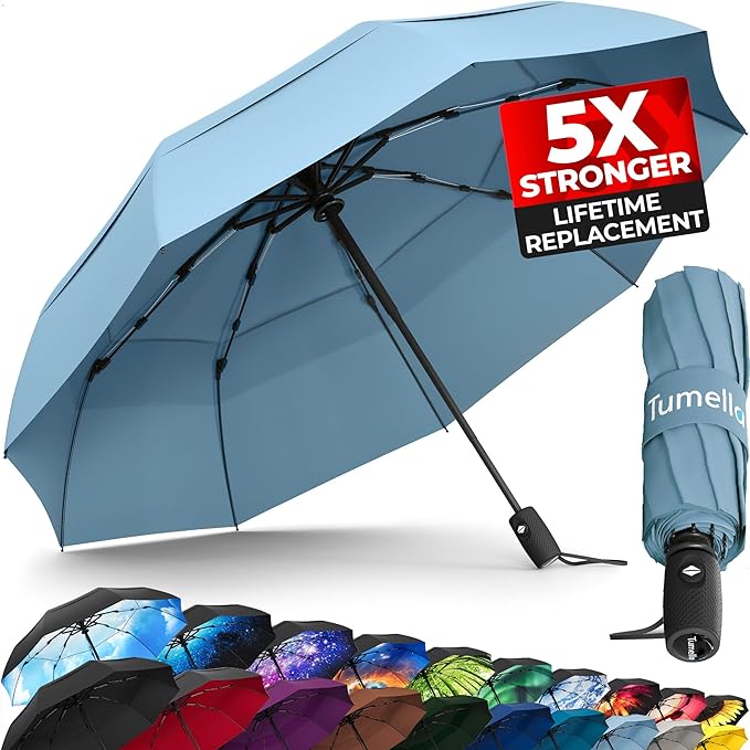 TUMELLA Strongest Windproof Travel Umbrella (Compact, Superior & Beautiful), Small, Wind-Tested, Light & Portable, Automatic Folding Rain Umbrella, Durable Premium Grip, Fits Car and Backpack