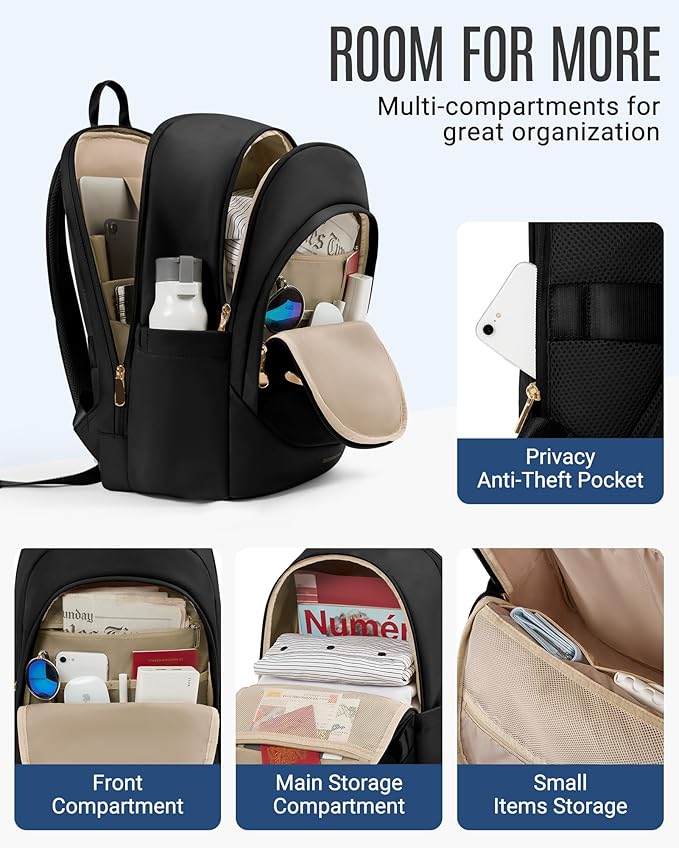 LIGHT FLIGHT Travel Laptop Backpack Women, 15.6 Inch Laptop Backpack with USB Charging Hole, Water Resistant College Bookbag, Black Computer Backpacks for Work, Grayish Pink…