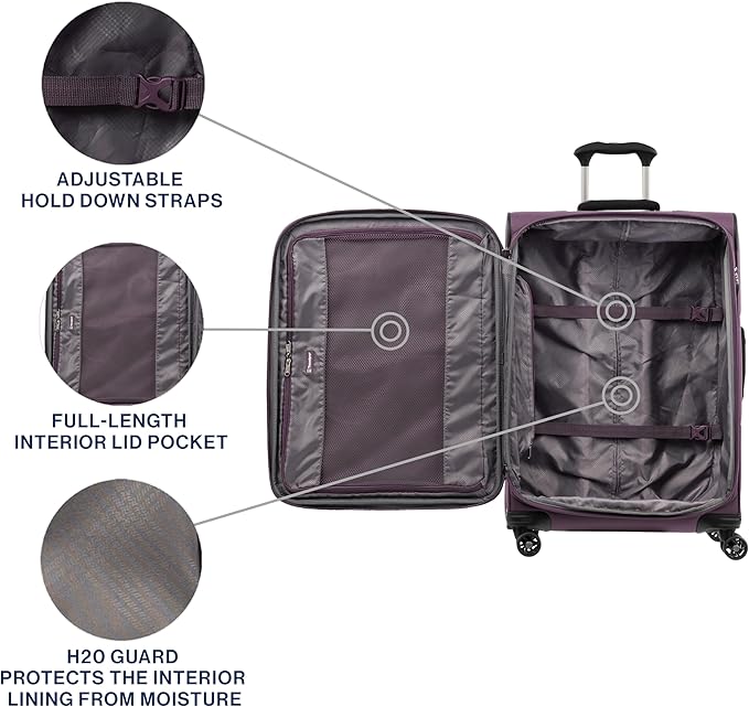 Travelpro Tourlite Softside 25" Expandable Luggage with 4 Spinner Wheels, Lightweight Suitcase, Checked Medium, Deep Purple