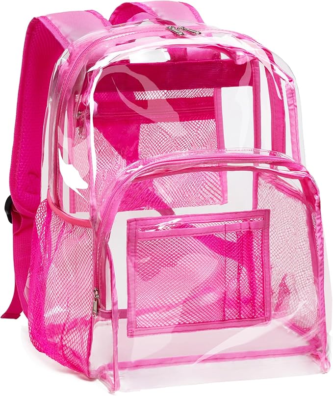Vorspack Clear Backpack Heavy Duty PVC Transparent Backpack with Reinforced Strap Stitches & Large Capacity for College Workplace Security - Pink