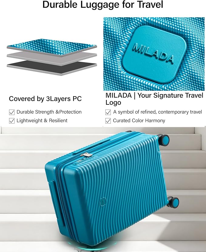 MILADA Expandable Carry On Luggage 20 Inch - Airline Approved Hardshell Suitcase with 8 Spinner Wheels, TSA Lock, Water-Resistant PC Shell, Lightweight & Durable for Travel, Caribbean Blue