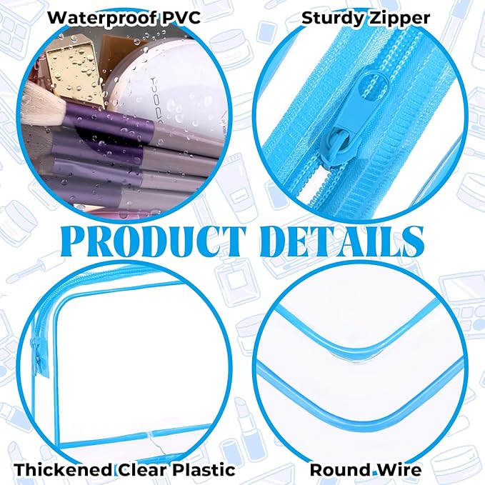 6 Pieces Clear Makeup Bags Bulk TSA Approved Toiletry Bag for Travel PVC Waterproof Clear Cosmetic Pouch with Zipper for Men and Women Carry-on Travel Essentials (Blue)