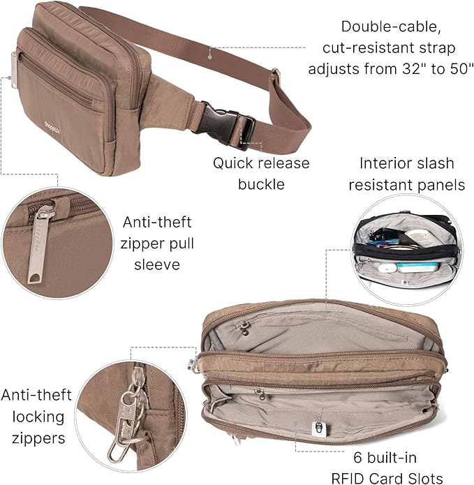 Baggallini Securtex Anti-theft Belt Bag 8.8"x5.5" Crossbody Fanny Pack for Women RFID Wallet Locking Zipper Travel Purse
