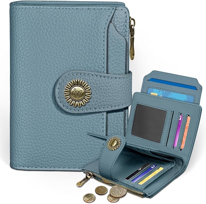 Icycay Blue Small Wallet Women RFID Blocking Bifold, Credit Card Holder, Zipper Coin Pocket, PU Leather, Compact, Travel, 4 ID Window, 14 Card Slots, Cash Purse, Ladies Woman Female Girls