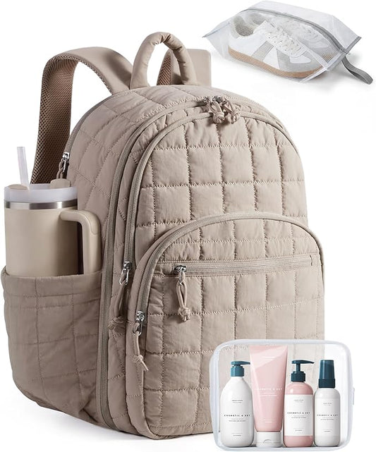 BAGSMART College Laptop Backpack, Travel Backpack for Women, Quilted Airline Approved Carry On Backpack Fits 17.3 Inch Laptop, Personal Item Travel Bag, Camel