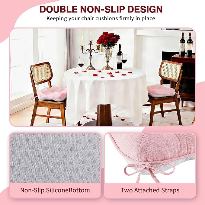 BETU Pink Chair Cushions for Dining Chairs Set of 6,3.5" Thick Kitchen Table Chair Pads with Ties,Non Slip Backing and Covers, Seat Cushion for Dining Room,Bar,Patio Chairs,16"X16"X3.5",Pink