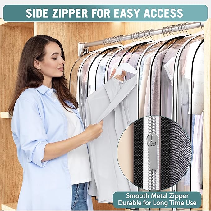 Liuoud Clear Garment Bag for Hanging Clothes 10” Gusseted, 60” Suit Bags for Open Closet Storage Plastic Clothes Cover for Coat, Dress, Shirts, Fur, Jacket, Wardrobe Protectors, 4 Pack