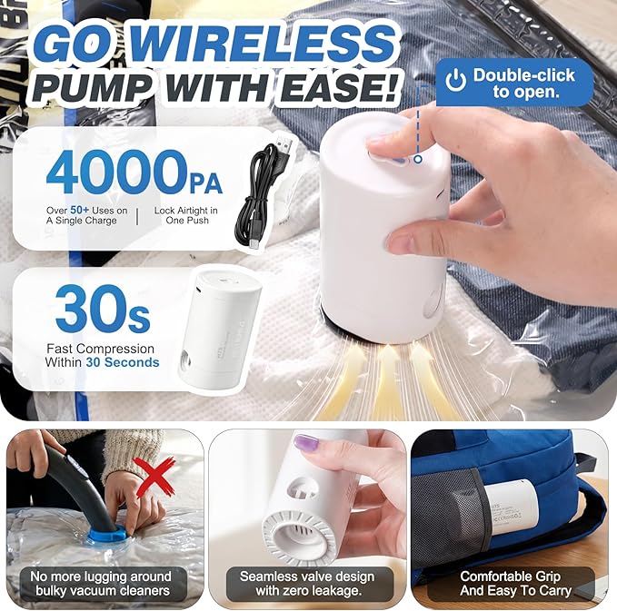 Vacuum Seal Bags for Clothing Travel with Rechargeable Electric Pump, Space Saver Vacuum Storage Bags Travel, Reusable Compression Bags for Luggage Home (15pcs,20/24/28)