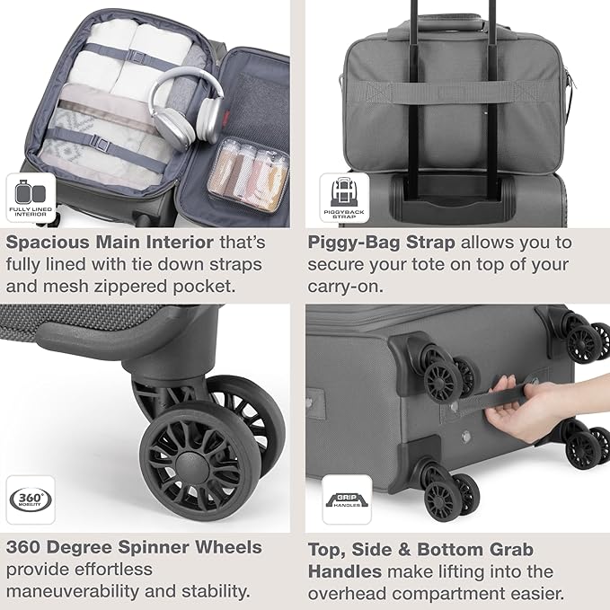 U.S. Traveler Rio Lightweight Softside Rolling Carry-on Suitcase, 4-Wheel Set, Light Gray