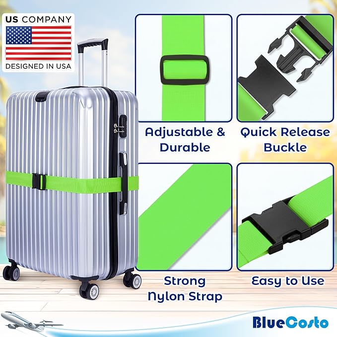 Luggage Straps for Suitcases - TSA Approved - Neon Green, 4 PK - Premium Nylon Belts for Suitcase, Briefcase & Travel Bag - Adjustable Strap Length 46" - 78"