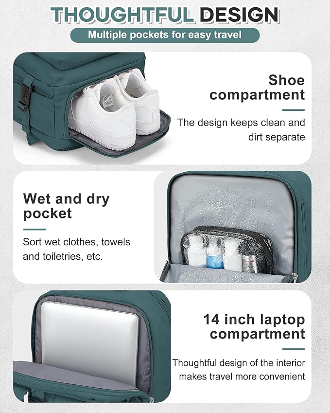 VECAVE Travel Backpack,Carry On Backpack for Women,Airline Flight Approved Waterproof 14 Inch Laptop Backpack with Shoe Compartment Casual Daypack Backpacks PeacockBlue