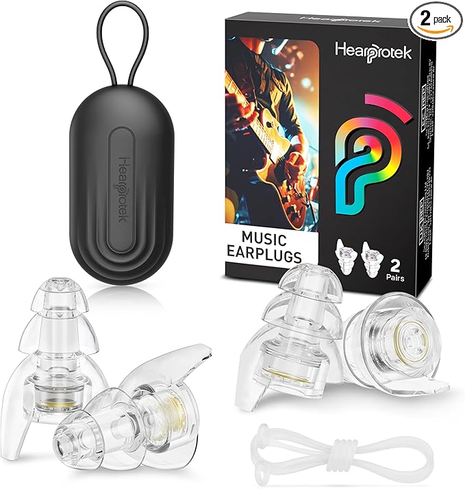 Hearprotek Concert Ear Plugs, 2 Pairs High Fidelity Musician Ear Plugs for Concerts Loud Music-Noise Reduction Ear Protection Reusable Earplugs for Rave,Festival,Music,Tinnitus Relief,Clear