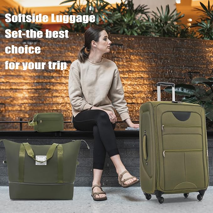 Army Green 5 Piece Softside Luggage Sets, Expandable Lightweight Suitcase Sets Double Softshell Spinner Wheels Travel Luggage Set for Women and Men