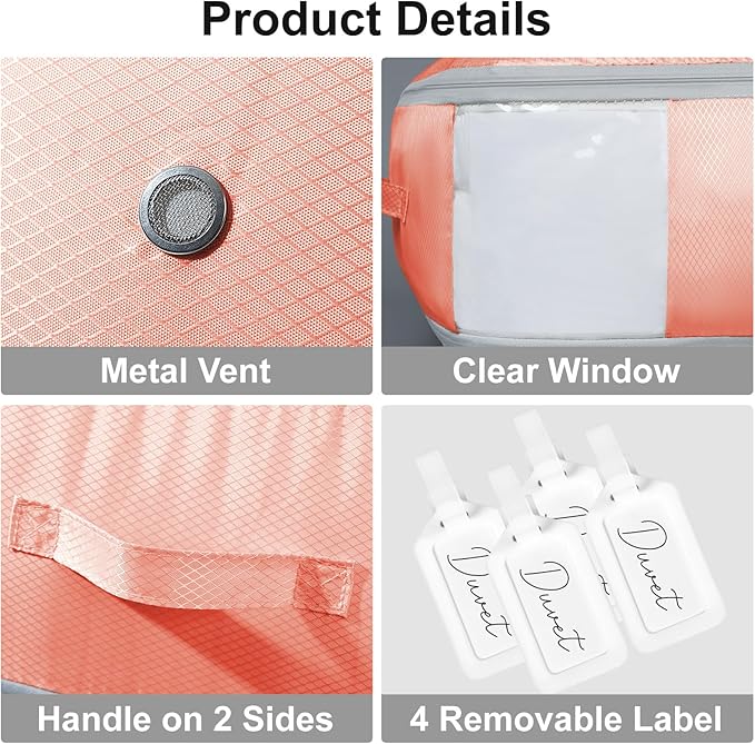 Comforter Storage Bag - Large Capacity Blanket Storage Bags 3-Layer Ultra Space Saving Self Compression Organizer, Washable Compression Bags for Storage Comforter Blanket, 4-Pack, Pink