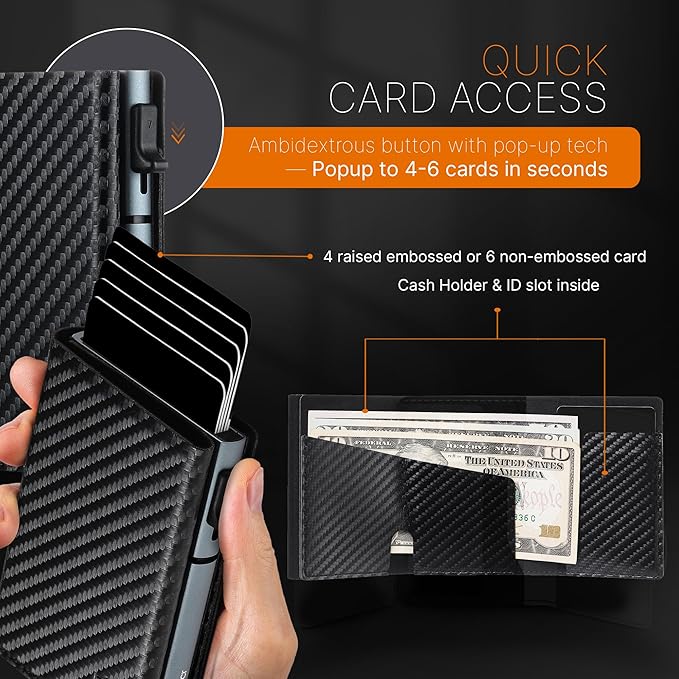 Conceal Plus Card Blocr Pop Up Wallet for Men - Slim Metal RFID Blocking Card Holder (4-6 Cards Ejector) - Minimalist Smart Front Pocket Wallet with Internal Cash + ID Storage