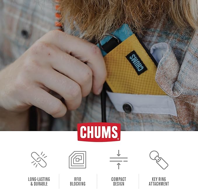 Chums Surfshorts Wallet - Lightweight Slim Wallet with RFID Blocking Card & Clear ID Window - Zippered, Water Resistant w/Key Ring (Black/Blue)