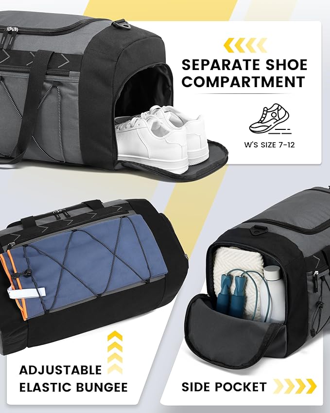 Vorspack Gym Bag for Men - 21 Inches Duffle Bag for Travel Water-resistant Travel Bag with Shoe Compartment Wet Pocket Duffel Bag for Gym Sports Travel Weekender Overnight - Grey