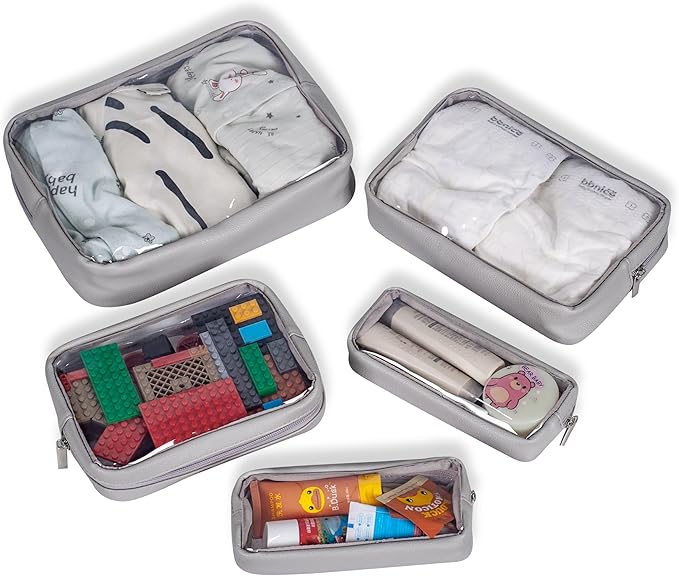 TSA Approved 5-Piece Diaper Bag Organizer Pouch Set Clear Waterproof TPU Kids Toiletry Storage Set Travel Packing Clutch Cube Bags for Baby Nursing (Light Gray)