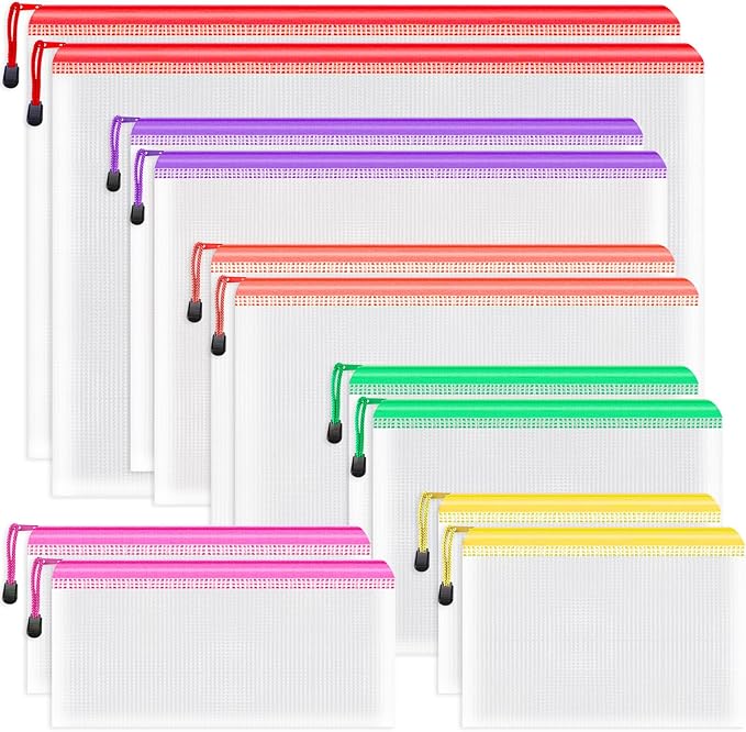 Umriox Zipper Bags, 6 Assorted Size (6 Colors, 12 Packs), Project Bags for Cross Stitch, Mesh Zipper Pouch for Office Supplies Travel Accessories and Board Games Storage