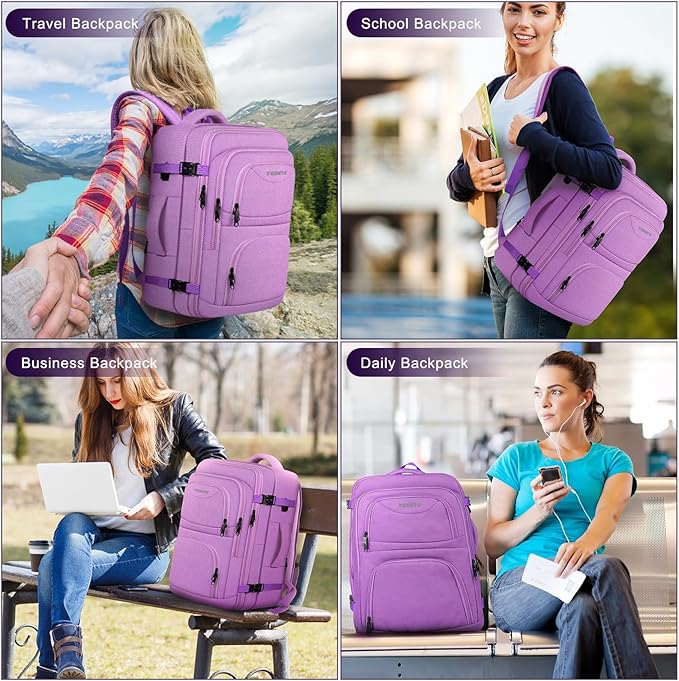 Large Travel Backpack, Laptop Backpack for women, Expandable 52L Carry On Backpack, TSA Water Resistant Weekender 18.4 Inch Laptop Backpack, Anti Theft Business Computer Bag with USB Port, Purple