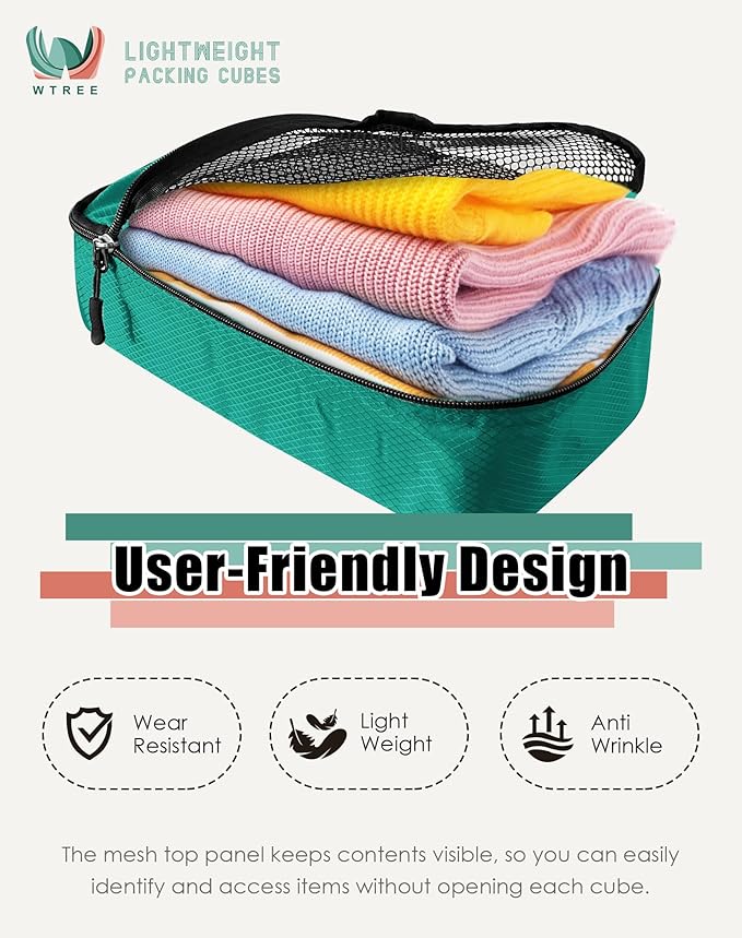 4-Piece Packing Cubes Travel Accessories Set for Suitcases - Luggage Organizer Bags with Double Zipper - Mesh Top - Small/Medium/Large/Slim - Green