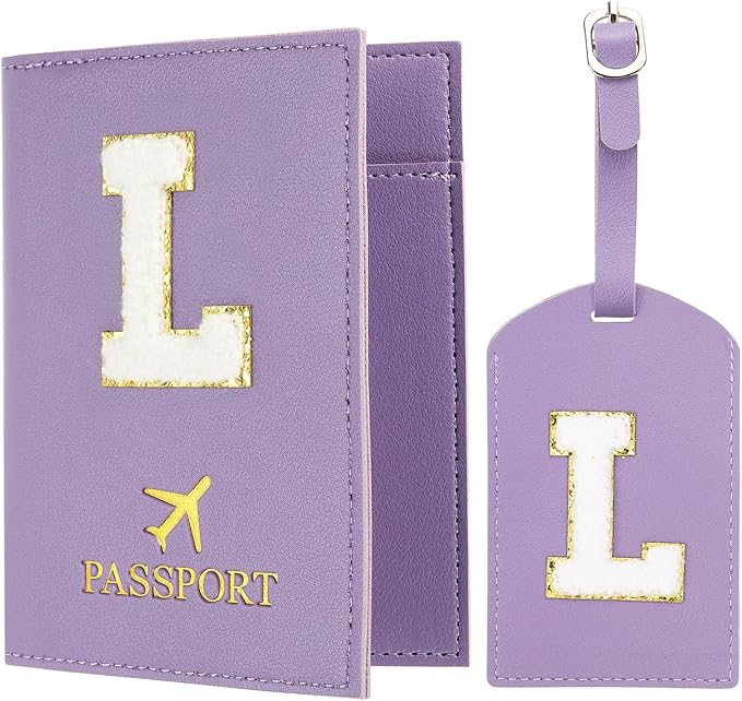 PATIKIL Passport Holder for Travel, Initial Passport Cover and Luggage Tag Set with Alphabet Chenille Letter Patch Travel Wallet Bag Suitcase Identifier for Women Family Travel Purple L