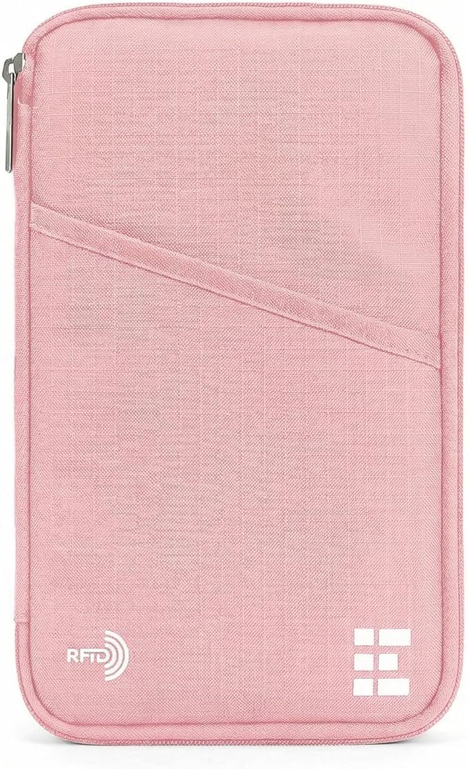 Zero Grid RFID Family Passport Holder for up to 6 Passports, Large Zippered Wallet for Men & Women, Fits Cards, Cash, ID, Sim Card; Premium & Compact Travel Document Holder - Rose Pink