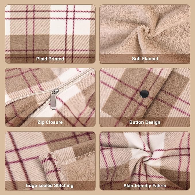 forestfish Wearable Blanket Compact Pillow 2-in-1, Flannel Lap Blanket Poncho with Button Plaid Throw Cushion for Home Office Sofa