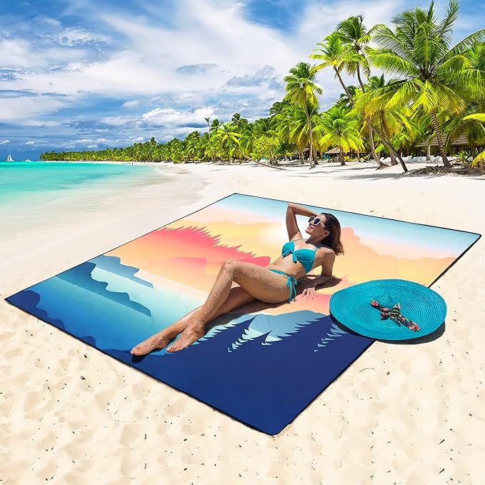 HIHOHO Beach Blanket Waterproof Sandproof Beach Mat for 1-8 Adults Quick Drying Durable Outdoor Picnic Mat for Beach Festival Travel Camping Hiking (Mountain View, 79"×83"(4 Person))