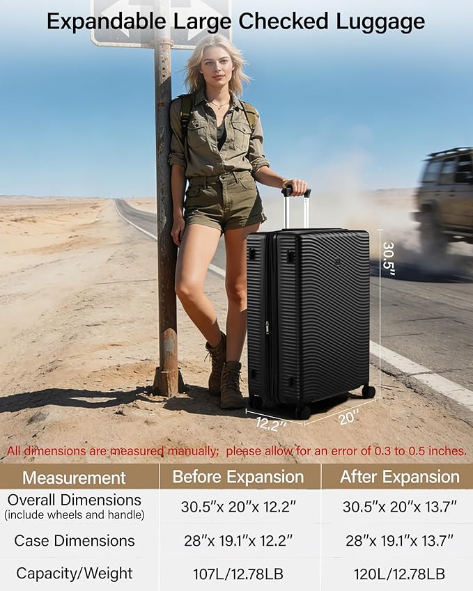 MILADA 28 Inch Large Expandable Checked Luggage - Hardshell Spinner Suitcase with 8 Wheels, TSA Lock, Durable PC Shell, Extra Large Capacity for Extended Travel, Lightweight Suitcase, Jet Black