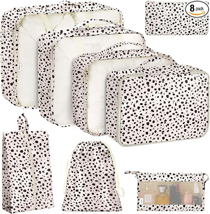 KPX 8 Set Packing Cubes for Travel, Luggage Packing Organizers Accessories Large Toiletries Bag for Clothes Shoes Cosmetics (Leopard)