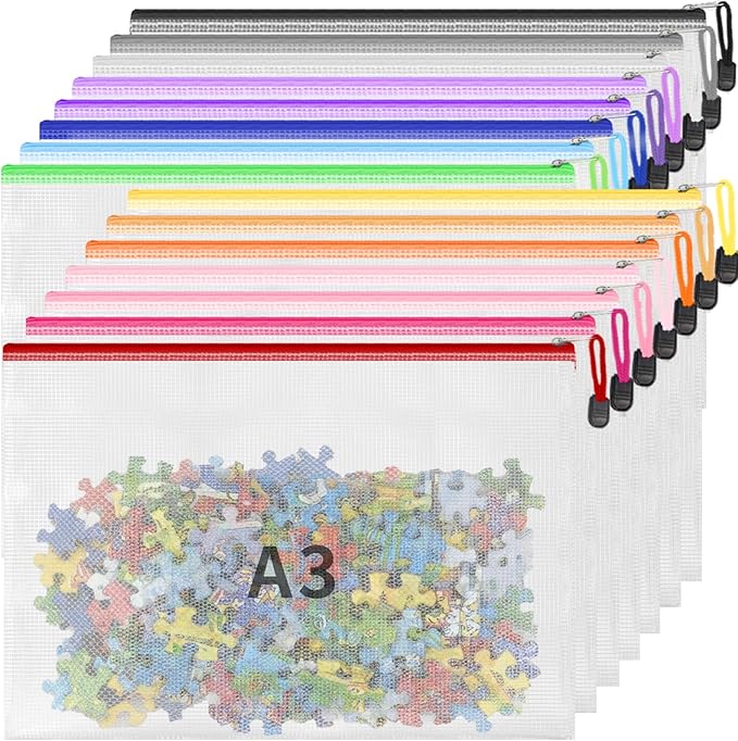 EVERECO 15 Pack A3 Mesh Zipper Pouch Bags (16.7x12 in) - Large Plastic Zipper Pouches for Organizing, Board Game Storage & Puzzle Storage, Toy Organizer Bags, Travel Bag Organizer