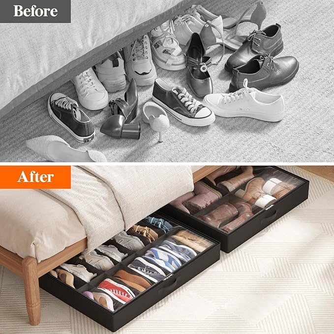 Lifewit Under Bed Shoe Storage Organizer 4 Pack(2x14 Pairs+2x4 Pairs), 4.3" Tall Fabric Shoes Container Box, Foldable Closet Shoe Bag with 2 Reinforced Handles and Clear Cover, Black