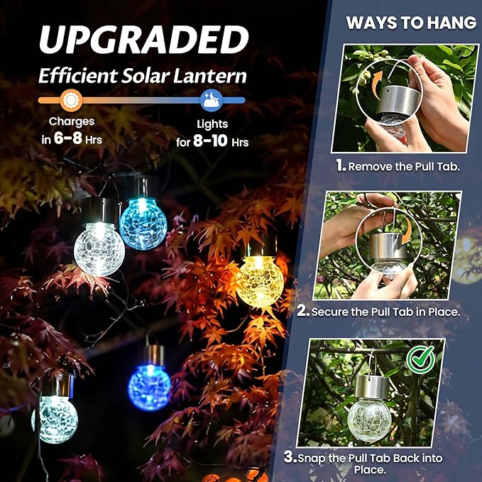 GIGALUMI Solar Lights Outdoor Garden Decor Hanging Lantern for Outside 12Pc | Cold White, Waterproof, Solar Powered, Decorative, Crackle Glass, Christmas Decoration, Garden&Tree Decor, Gifts for Women