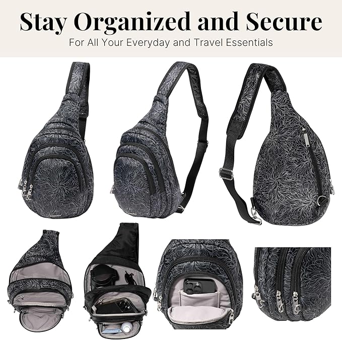 Baggallini Securtex® Anti-Theft Multi Zip Sling - Lightweight 8.6"x15.2" Travel Bag with Locking Zippers & RFID Protection