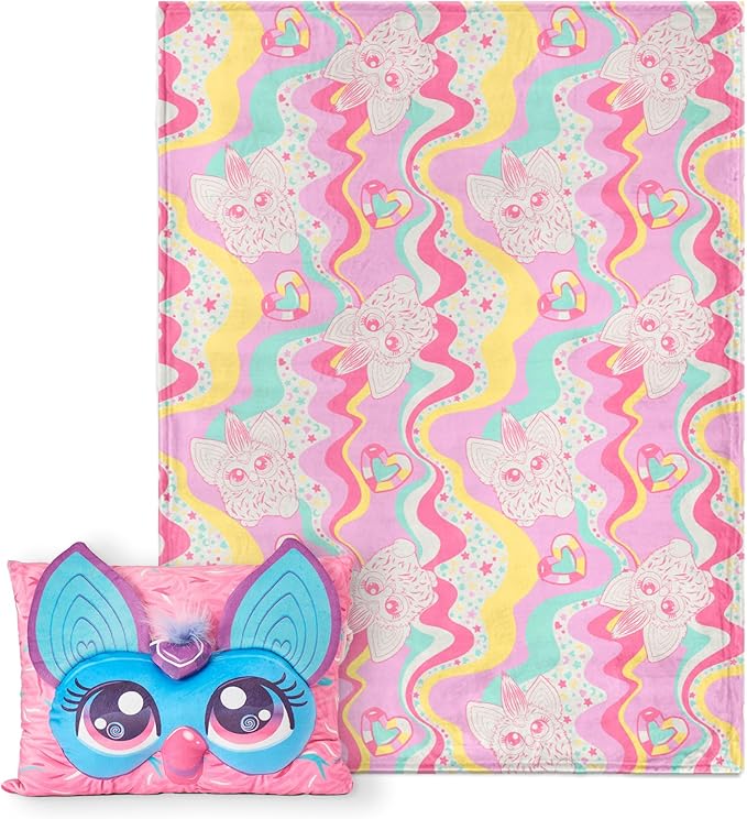Northwest Furby Wavy Pink Furby Silk Touch Throw Blanket 50 x 60 Inches with Plush Pocket Pillow 14 x 20 Inches - Comfy & Cozy Blanket & Pillow Set for Boys and Girls